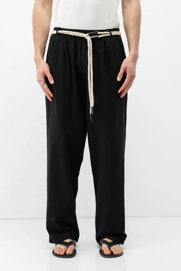 Kemer Detaylı Oversize Keten Pantolon Siyah