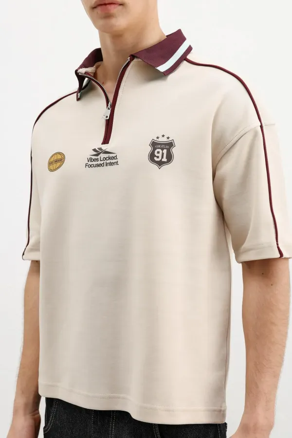 Fermuarlı Yaka Baskılı Oversize Tişört Taş