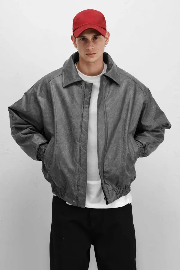 Oversize Deri Bomber Ceket Gri
