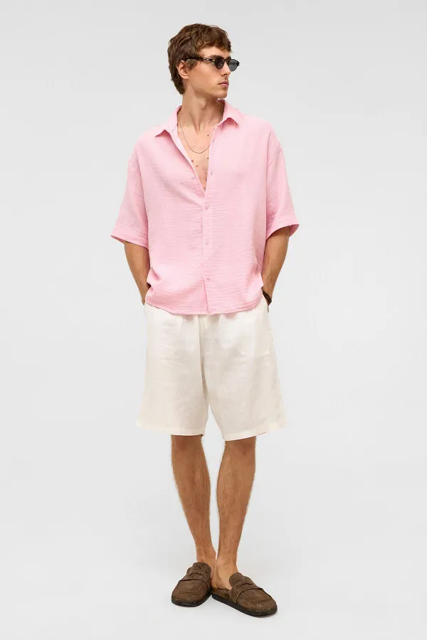 Oversize Kısa Kollu Müslin Kumaş Gömlek Pembe