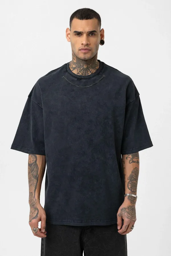 Washed Oversize T-Shirt with Chain Detail, Black