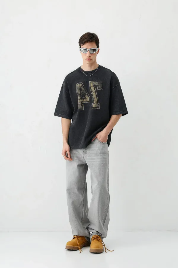 Yıkamalı Baskılı Oversize Tişört Siyah