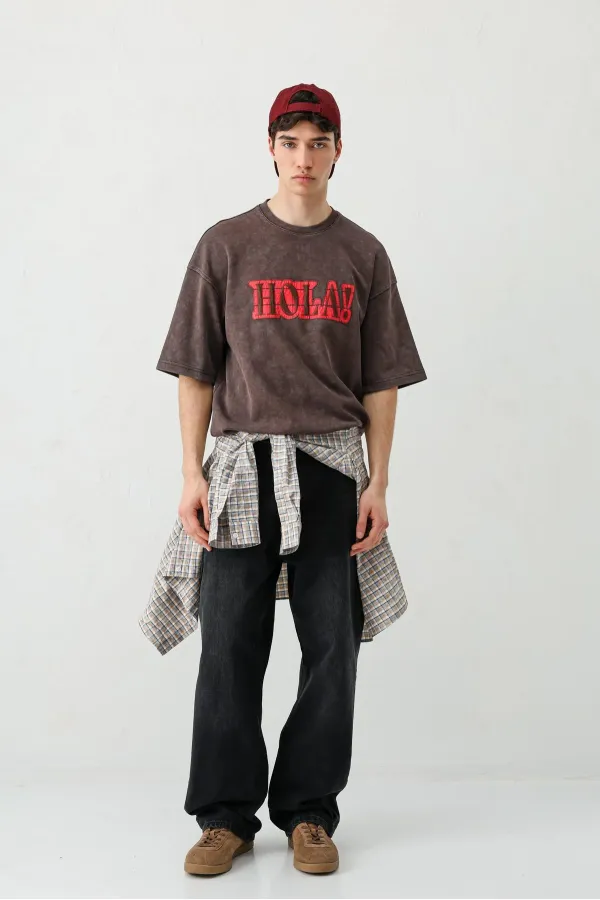 Yıkamalı Baskılı Oversize Tişört Kahve