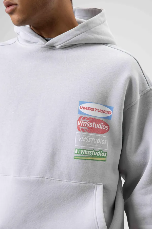 Oversize Yıkamalı Baskılı Kapüşonlu Sweatshirt Açık Gri