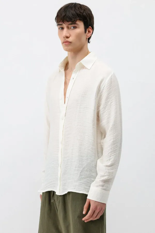 Dokulu Oversize Gömlek Ekru
