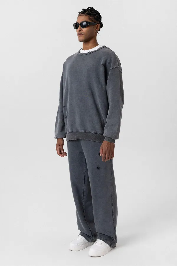 Premıum Yıkamalı Yırtık Detaylı Oversize Eşofman Takım Siyah