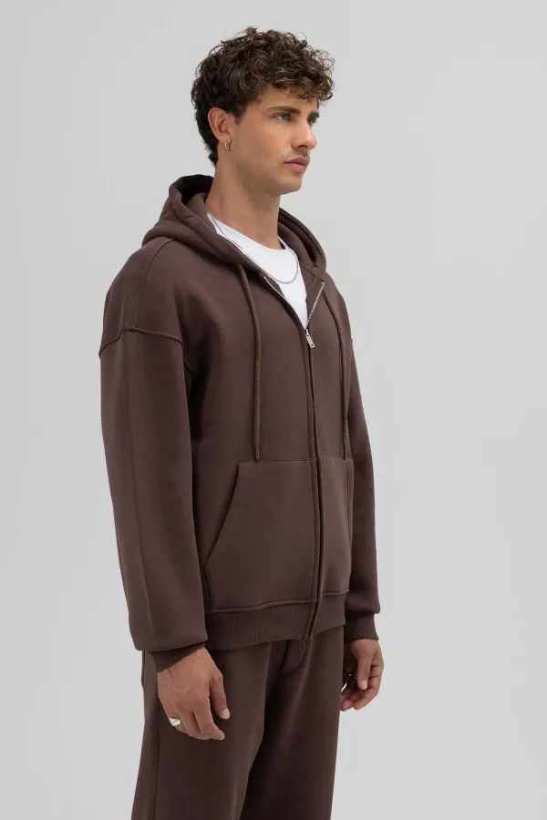 Sweat à capuche oversize basique zippé, marron