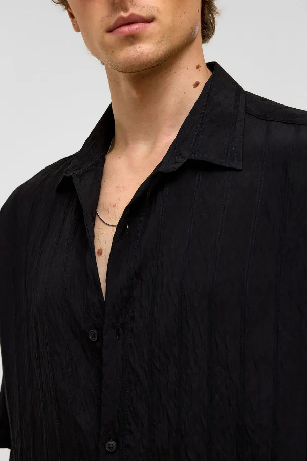 Oversize Striped Short-Sleeved Modal Fabric Shirt, Black