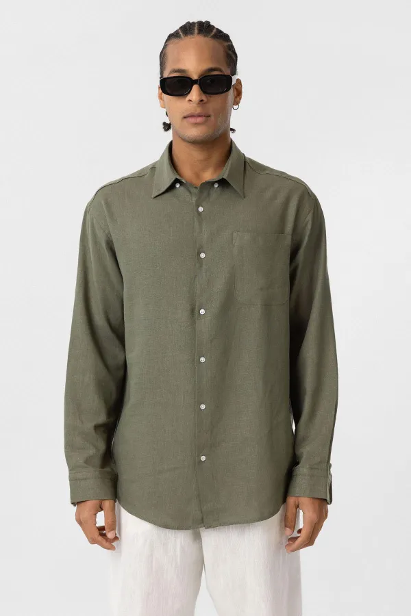 Cep Detaylı Oversize Uzun Kol Gömlek Haki