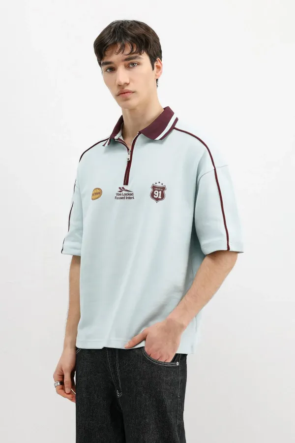 Fermuarlı Yaka Baskılı Oversize Tişört Bebe Mavi