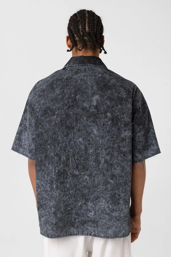 Yıkamalı Yazı Baskılı Oversize Kısa Kol Gömlek Siyah