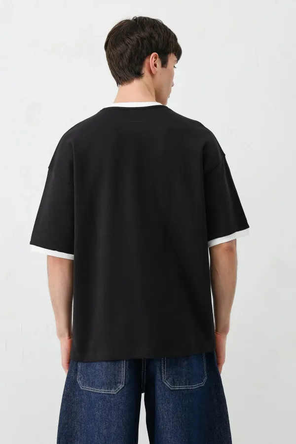 Baskılı Bisiklet Yaka Oversize Tişört Siyah