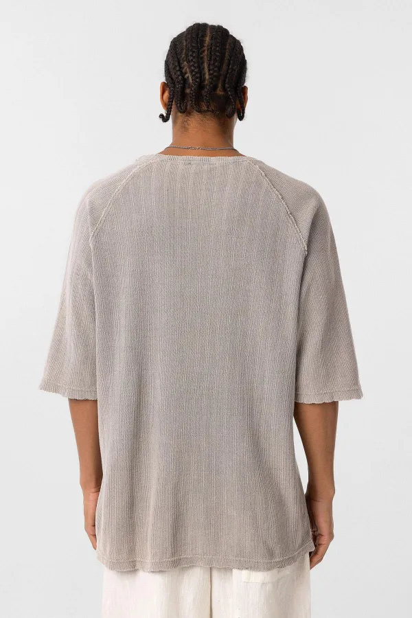 Yıkamalı Oversize Baskılı Triko Tişört Taş