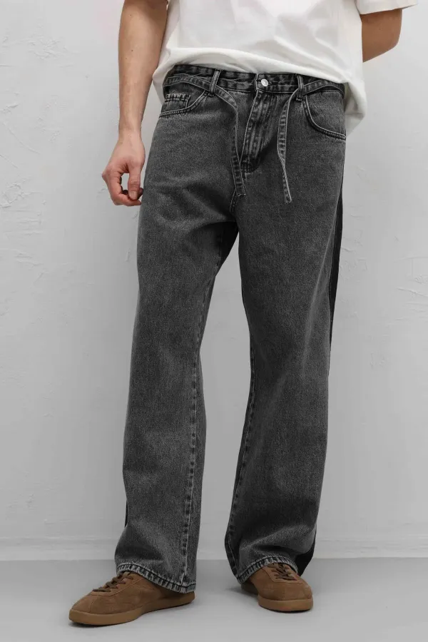 Jean baggy rayé gris avec ceinture