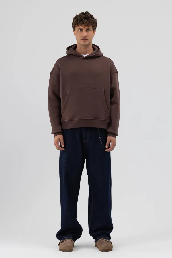 Basic Hooded Boxy Fit Sweatshirt Brown