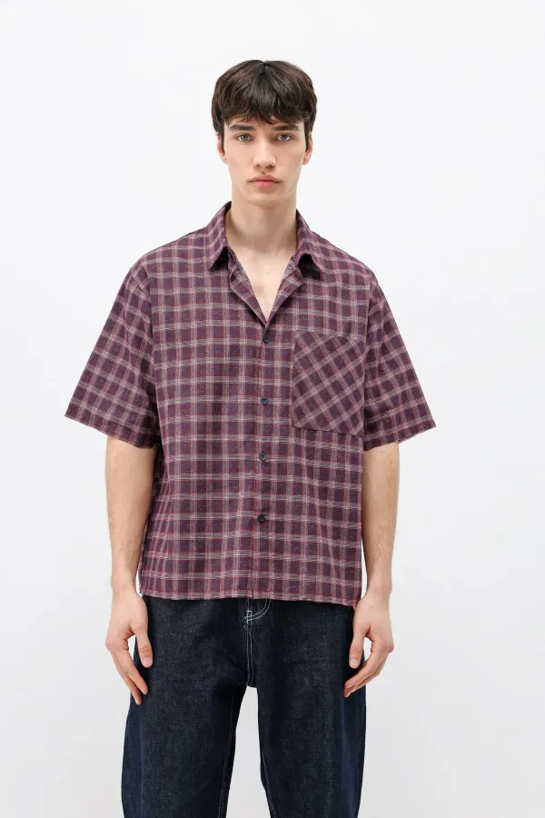 Checked Short-Sleeved Oversize Shirt, Burgundy