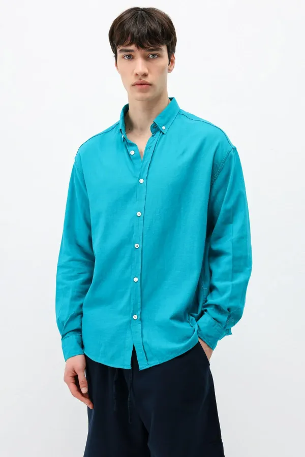 Basic Oversize Pamuk  Keten Gömlek Turkuaz