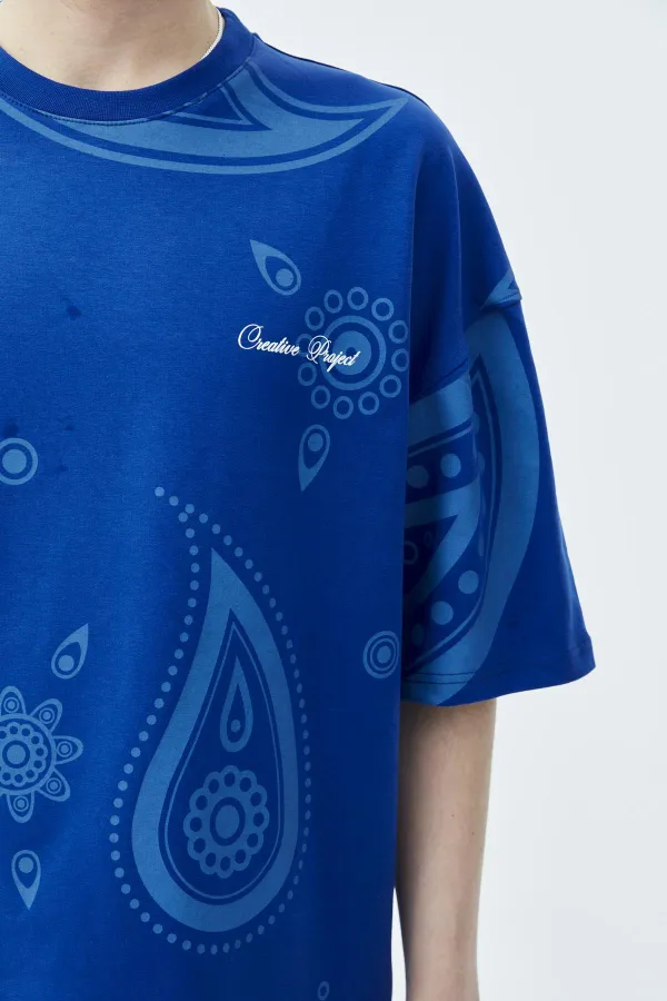 Oversize Desenli Şort Tişört Takım Saks