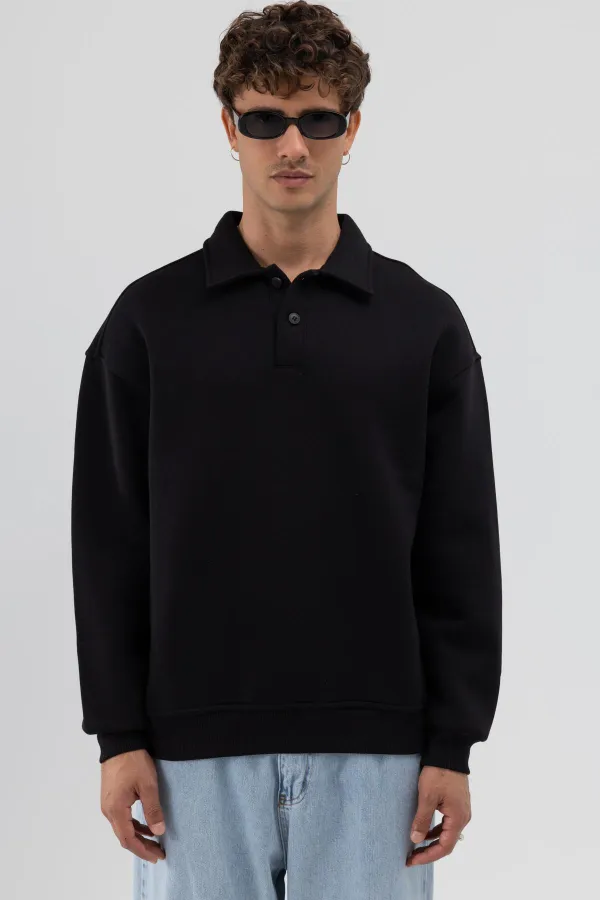 Basic Polo Yaka Sweatshirt Siyah