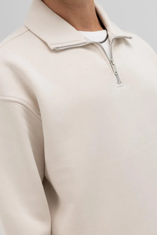 Sweat-shirt oversize à fermeture éclair et col montant couleur pierre