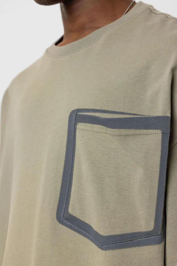 Bisiklet Yaka Cepli Oversize Tişört Haki