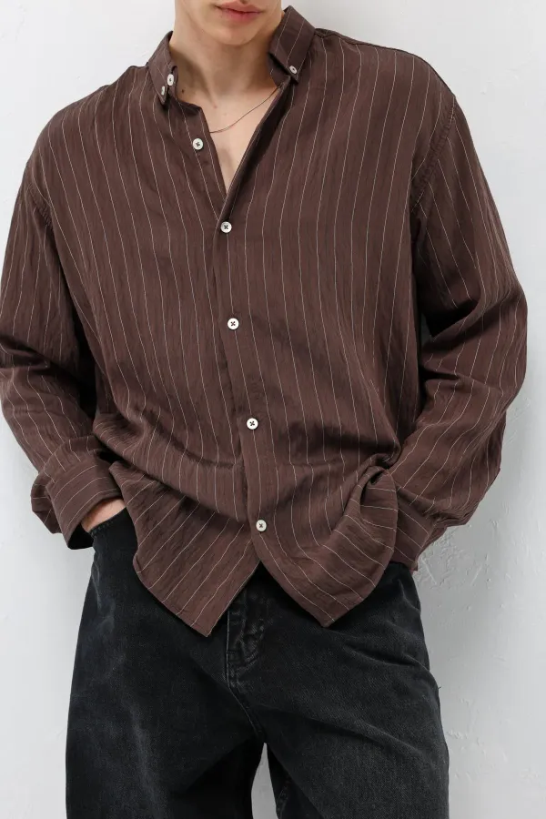 Çizgili Oversize Gömlek Kahve