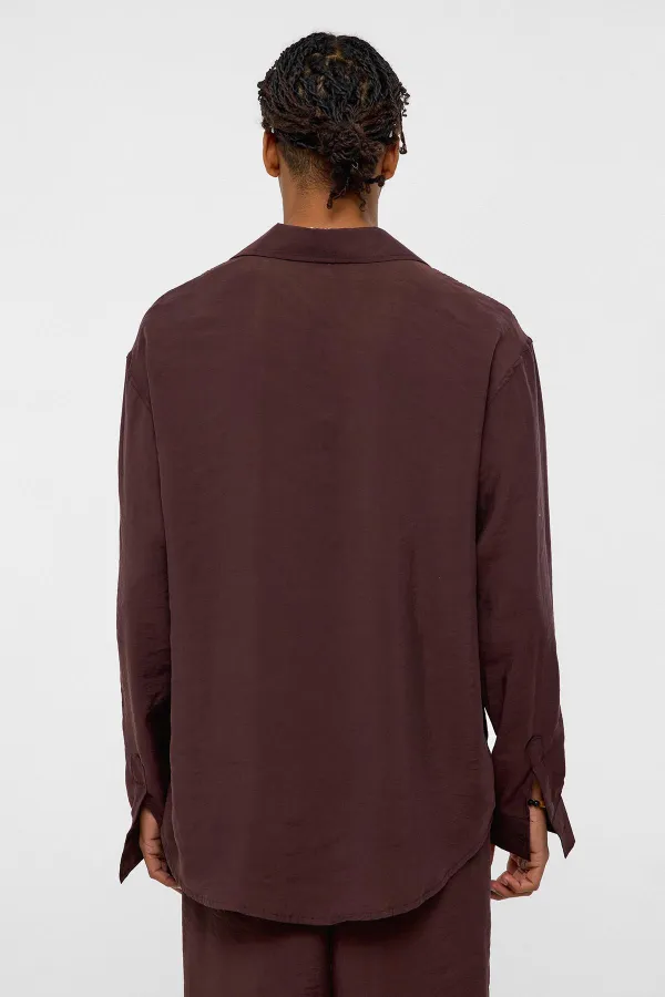 Basıc Oversize Uzun Kollu Modal Karışımlı Gömlek Kahve