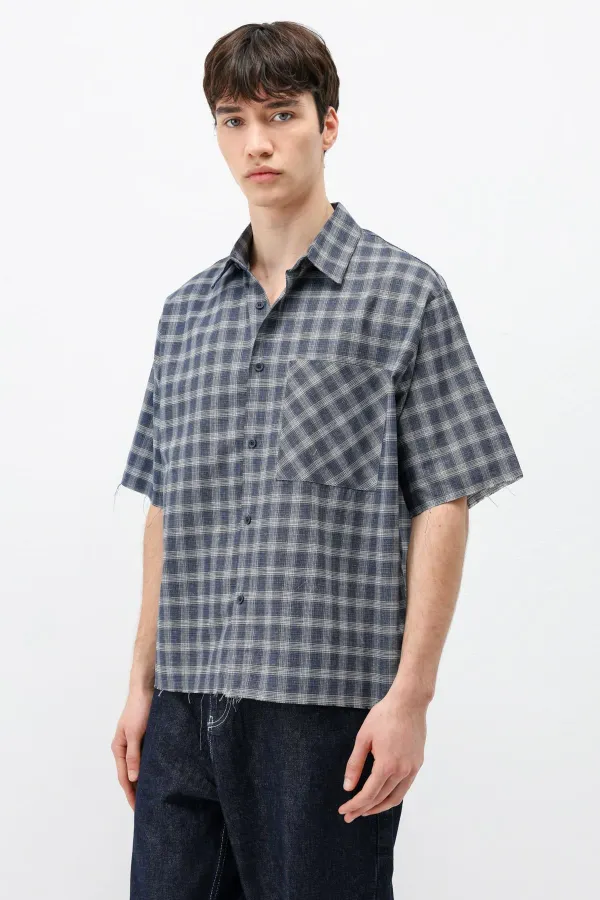 Chemise oversize à manches courtes à carreaux, bleu marine