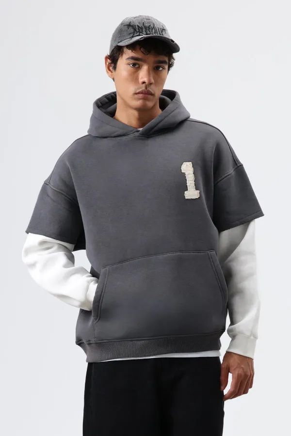 Oversize Kol Detaylı Kapüşonlu Sweatshirt Füme