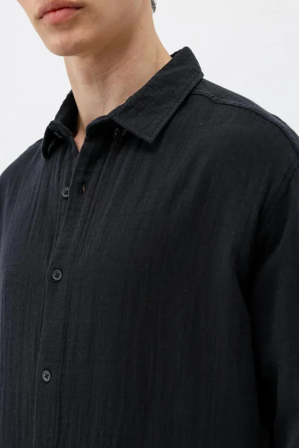 Dokulu Pamuklu Oversize Gömlek Siyah