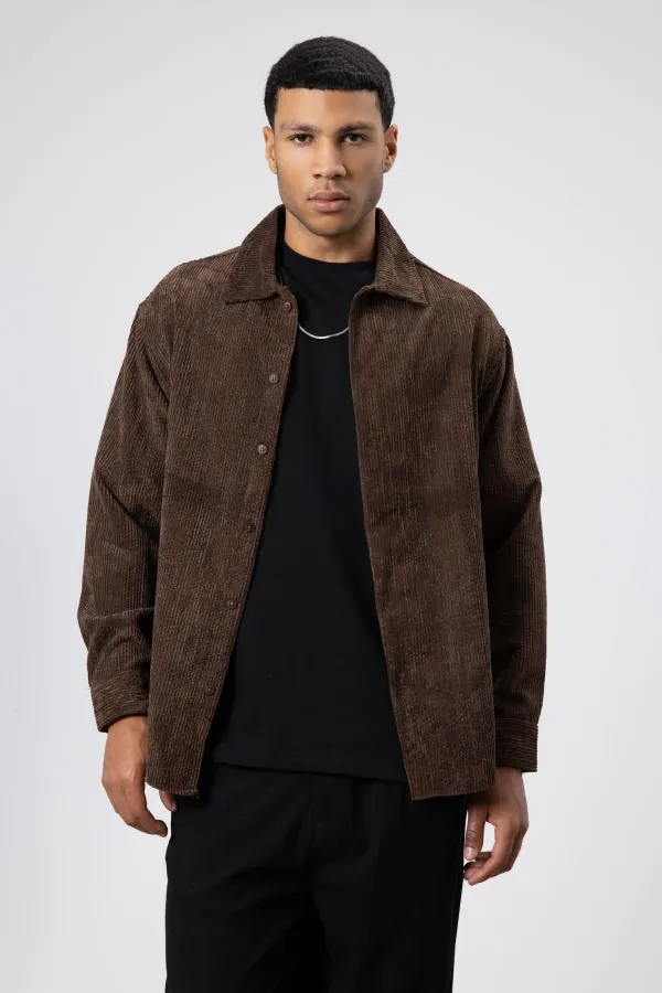 Oversize Dokulu Gömlek Kahve