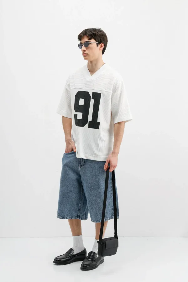 Printed Corduroy Oversize T-Shirt, Ecru