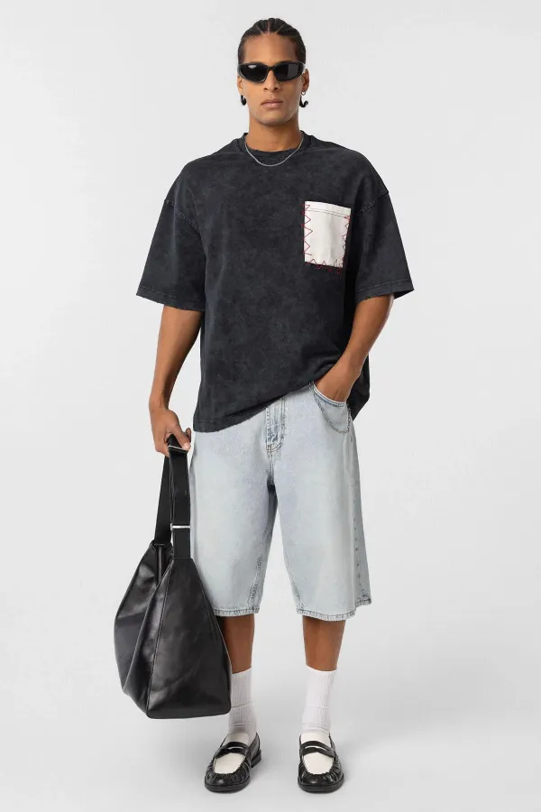 Yıkamalı Cep Detaylı Oversize Tişört Siyah