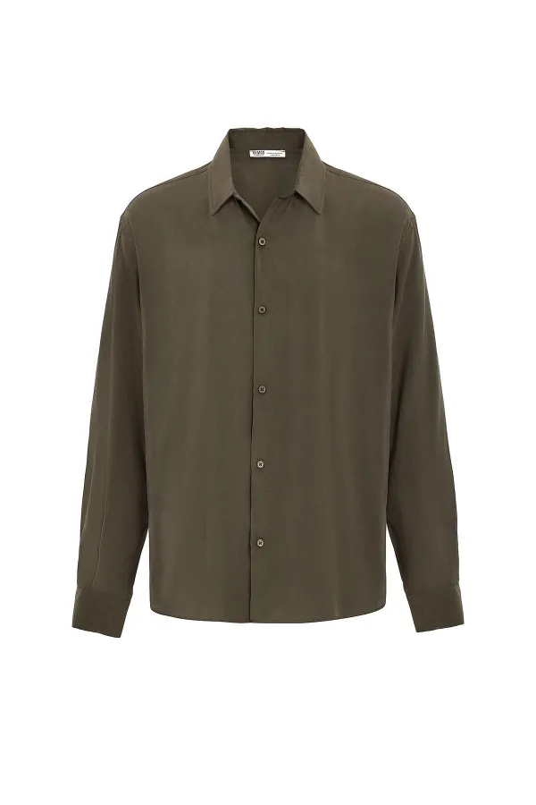 Basıc Oversize Uzun Kollu Modal Karışımlı Gömlek Haki