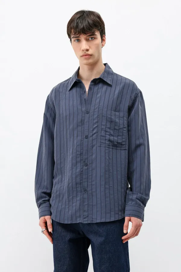 Modal Kumaş Çizgili Oversize Gömlek Lacivert