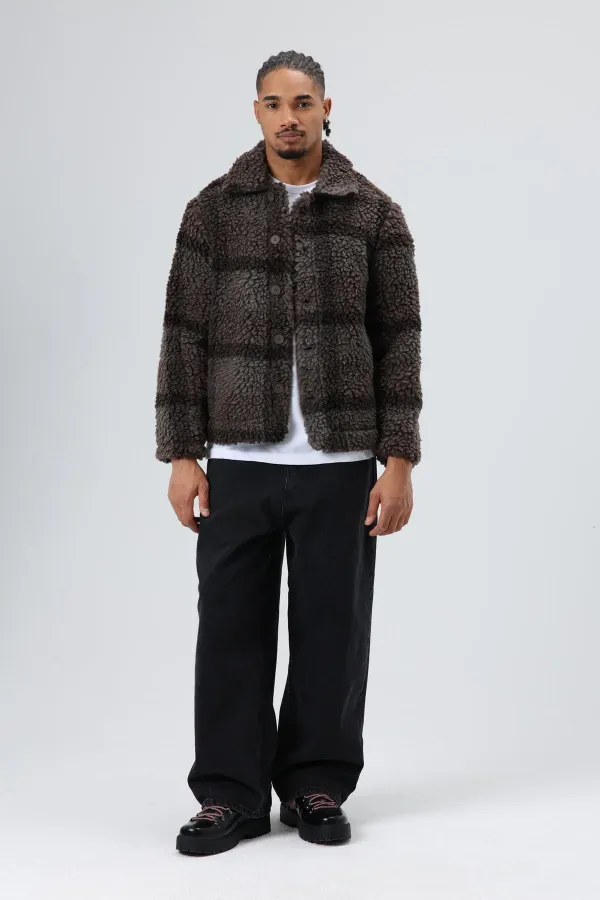 Oversize Peluş Ekose Ceket Kahve