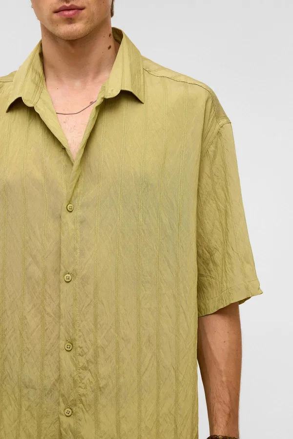 Oversize Striped Short-Sleeved Modal Fabric Shirt, Green