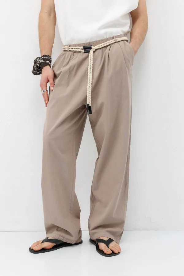 Oversize Linen Trousers with Belt Detail (Stone)