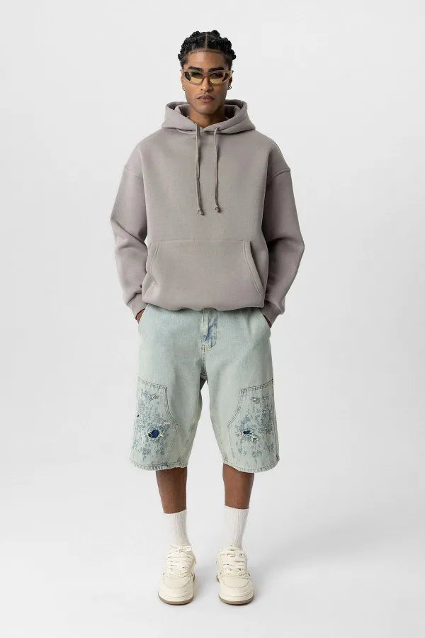 Basic Oversize Kapüşonlu Sweatshirt Açık Vızon