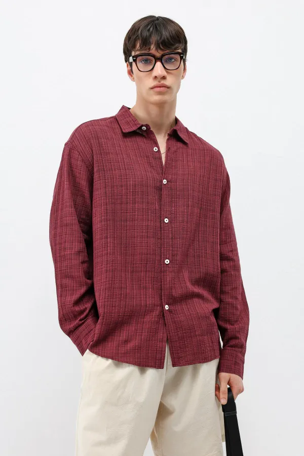 Dokulu Keten Görünümlü Oversize Gömlek Bordo