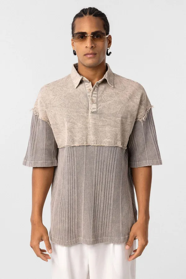 Yıkamalı Oversize Polo Yaka Tişört Taş