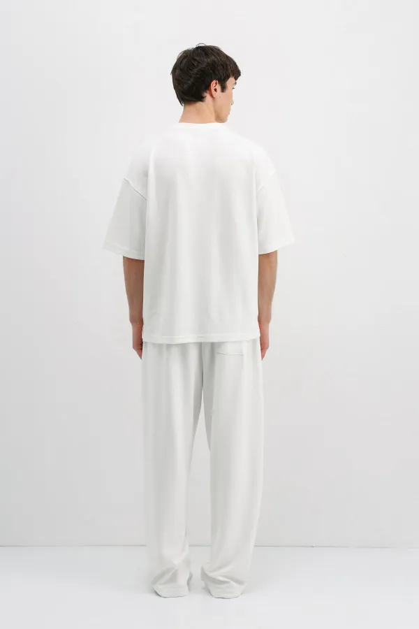 Fitilli Dokulu Oversize Tişört Ekru