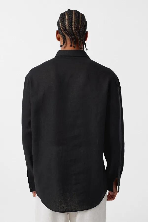 Basic Oversize Uzun Kollu Keten Gömlek Siyah