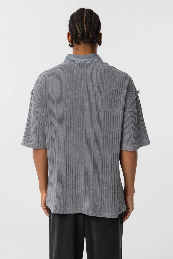 Yıkamalı Oversize Polo Yaka Tişört Gri