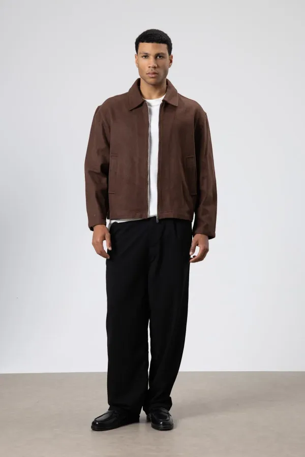 Oversize Fermuarlı Kaşe Ceket Kahve