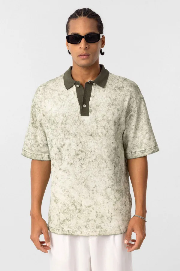 Yıkamalı Oversize Polo Yaka Tişört Haki