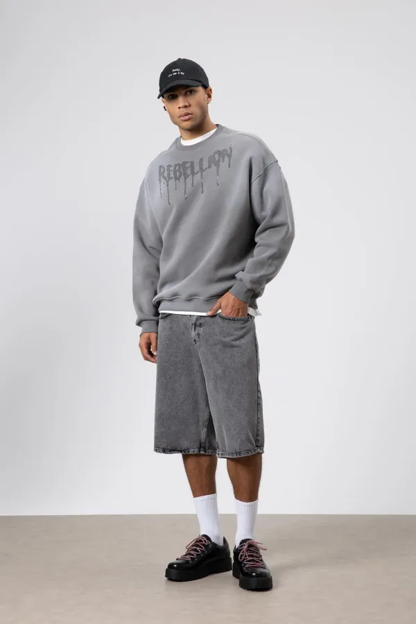 Sweat-shirt oversize imprimé délavé, gris foncé