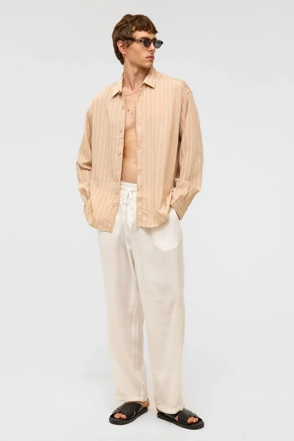 Oversize Çizgili Uzun Kol Gömlek Bej