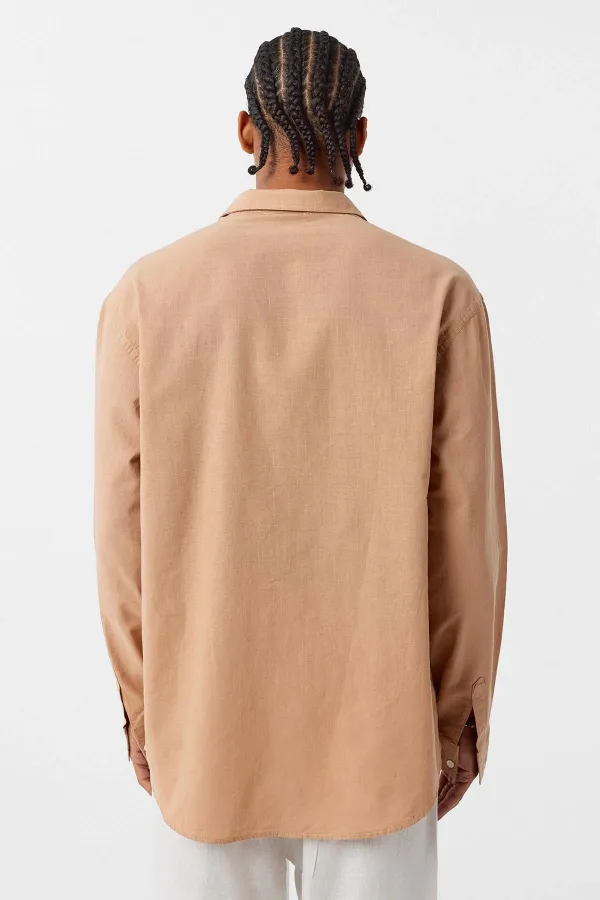 Basic Oversize Pamuk Keten Gömlek Camel Basic Oversize Pamuk Keten Gömlek Camel