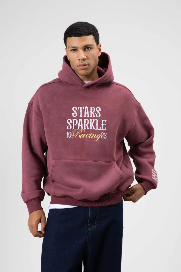 Oversize Nakış Baskılıkapüşonlu Sweatshirt Bordo